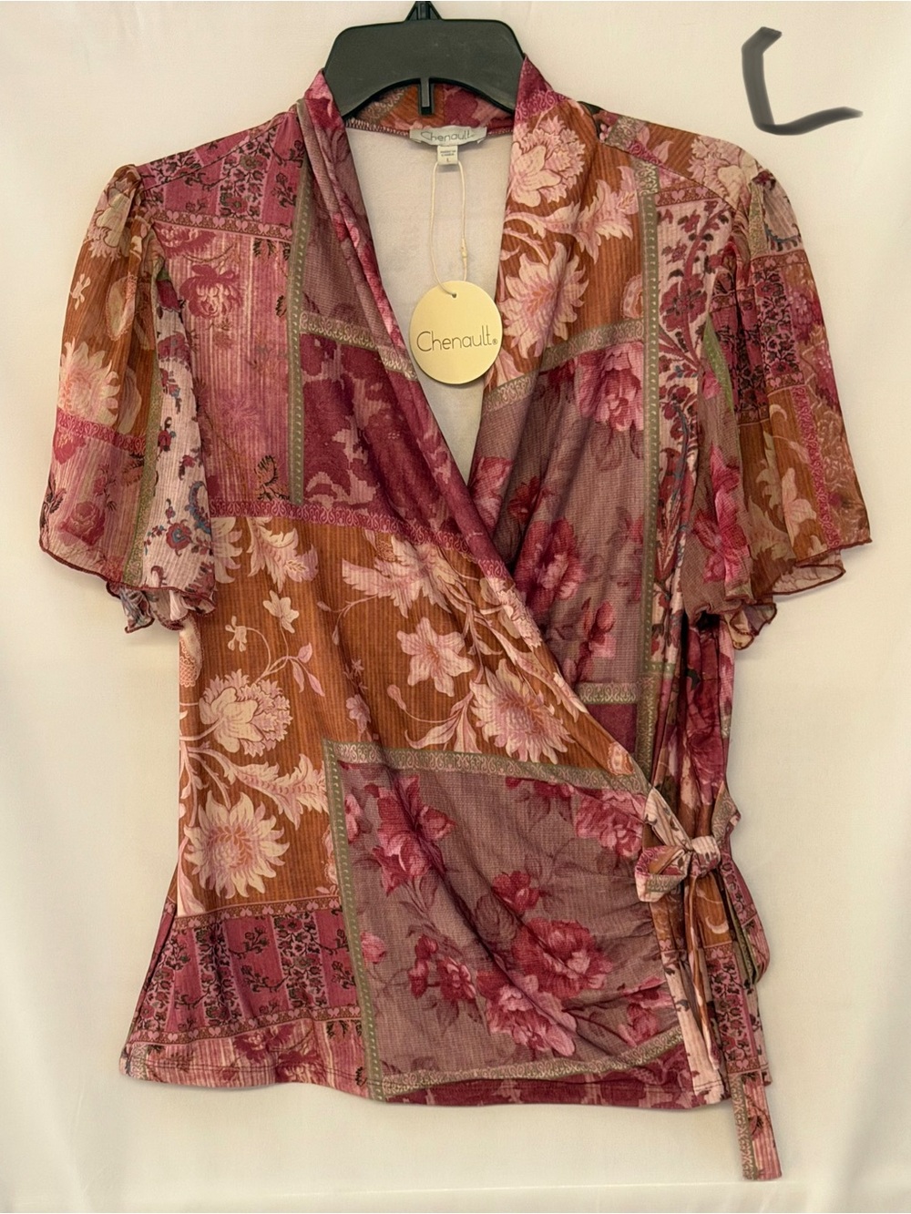 Chenault Patchwork Floral Wrap Top in Rose and Rust